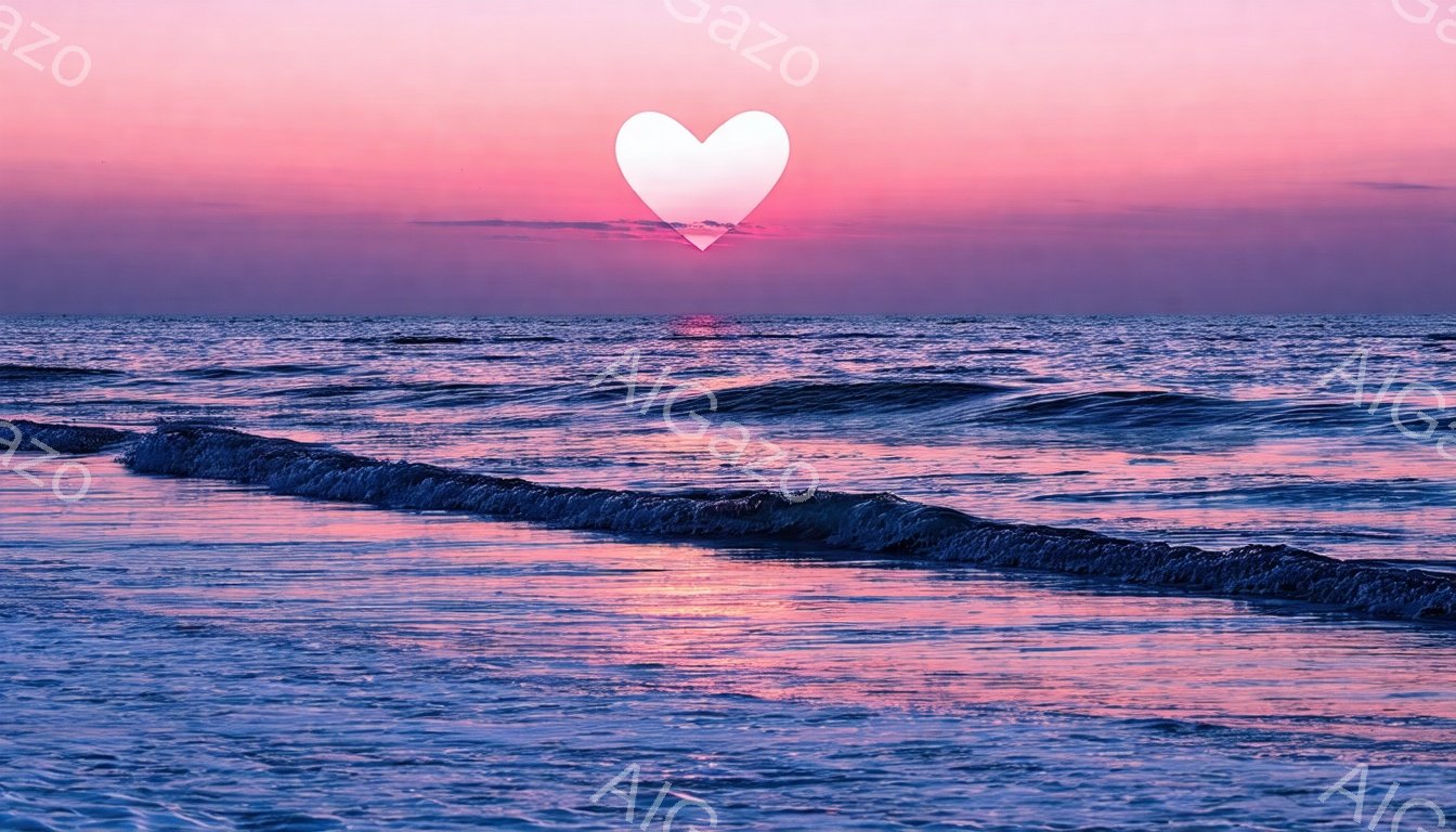 広大な海が夕焼けに照らされ、水面は紫とピンクのグラデーションに染まっている。波は穏やかで、夕日を思わせるハート型の光が波間に浮かび、幻想的な雰囲気を醸し出している。空は鮮やかなピンク色で、静かで穏やか - AI生成フリー素材