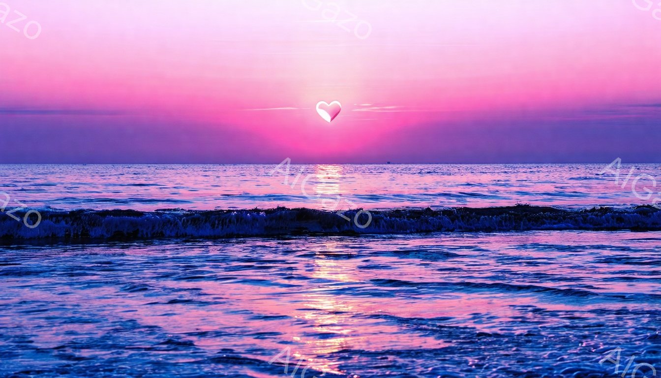 広大な海面は紫と青のグラデーションで彩られ、波が穏やかに打ち寄せています。水平線には輝く太陽が沈みかけ、その中心にはハート型の光が浮かび、幻想的な雰囲気を醸し出しています。空はピンクと紫の美しい色彩で満たされ、穏やかでロマンチックな情景が広がっています。