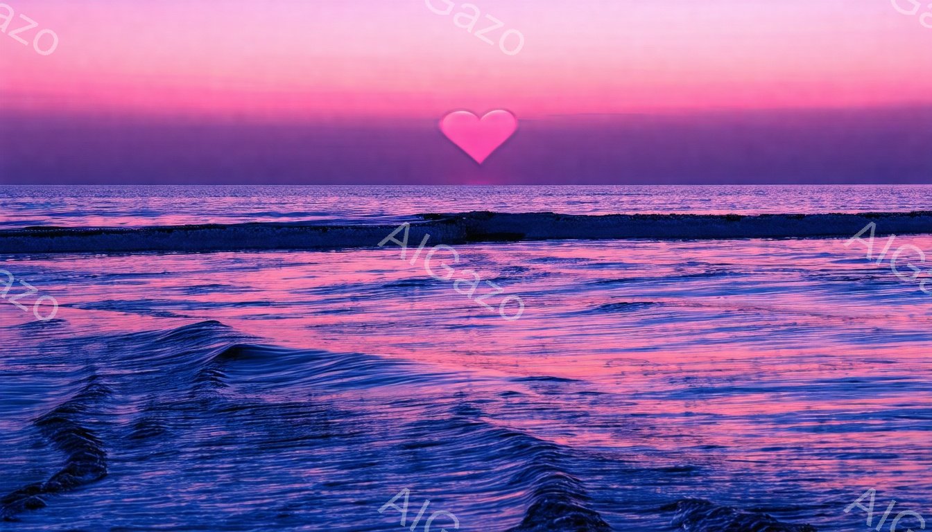 強烈なピンクと紫の色調が印象的な海の画像です。水平線には、明るく輝くハート型の光が浮かび、波が穏やかに岸に向かって押し寄せています。空と海は、夕暮れまたは夜明けの幻想的な雰囲気を醸し出しており、静かで穏やかな印象を与えます。