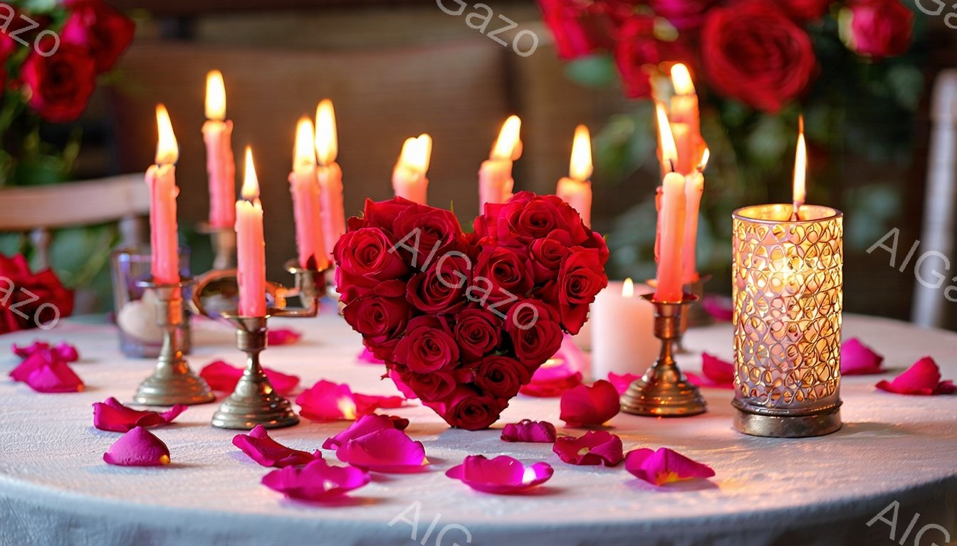テーブルの上には、真っ赤なバラで作られたハート形の花束が置かれ、周囲にはバラの花びらが散らばっています。複数のキャンドルが点灯しており、暖かい光がテーブル全体を照らし、ロマンチックな雰囲気を醸し出しています。背景には赤いバラの花がぼんやりと見え、特別な日のディナーや記念日を祝うための準備が整っている様子が伝わってきます。