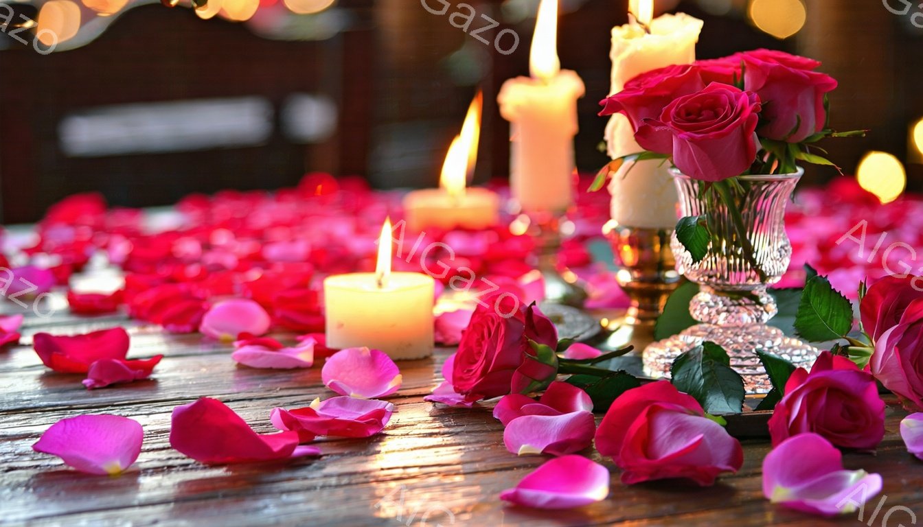 古びた木のテーブルの上に、散りばめられたバラの花びらがロマンチックな雰囲気を醸し出しています。輝くキャンドルと、クリスタルの花瓶に生けられたピンクのバラが、テーブルの装飾の中心となっています。ぼやけた背景には、柔らかな光が灯り、静かで穏やかな夜の情景が広がっています。