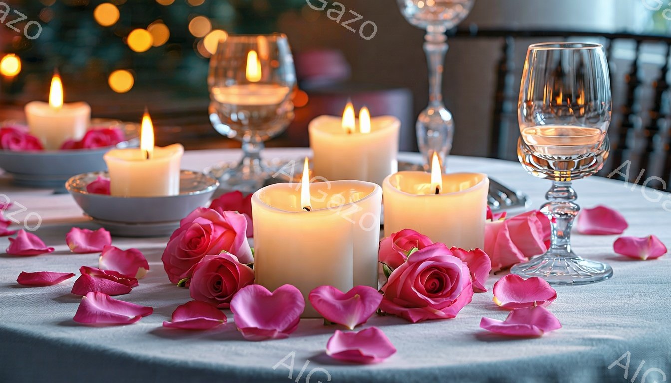 テーブルの上には、点灯した白いキャンドルと散らばったピンクのバラの花びらが優雅に並んでいます。ワイングラスがいくつか配置されており、背景はぼやけていますが、おそらく部屋の中の別の場所から暖かい光が差し込んでいます。全体的に、ロマンチックで落ち着いた雰囲気のディナーシーンを連想させます。