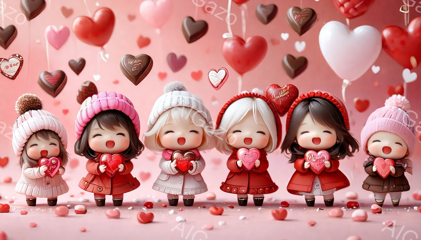 画像には、それぞれ赤いコートを着た、つぶらな瞳の可愛らしい女性たちが横一列に並んでいます。彼女たちは、頭にニット帽をかぶり、片手にチョコレートやハートの形をしたキャンディーを持っています。背景には、さまざまな大きさのハートの風船やキャンディーが散りばめられ、バレンタインデーのようなロマンチックで甘い雰囲気を醸し出しています。