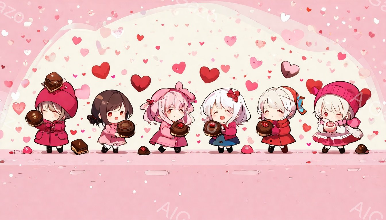 画像には、ピンク色の背景に、可愛らしい少女たちが一列に並んでいます。各少女は赤いコートまたはピンクのコートを着ており、頭には帽子やリボンをつけています。彼女たちはそれぞれチョコレートを持っており、楽し - AI生成フリー素材