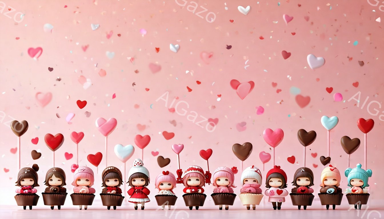 ピンク色の背景に、カップケーキの上に並んだ可愛らしい人形たちがいます。それぞれ異なる色の帽子と服を着ており、表情は穏やかで愛らしいです。背景にはたくさんのハート型のバルーンが浮かび、ロマンチックで甘い雰囲気を醸し出しています。
