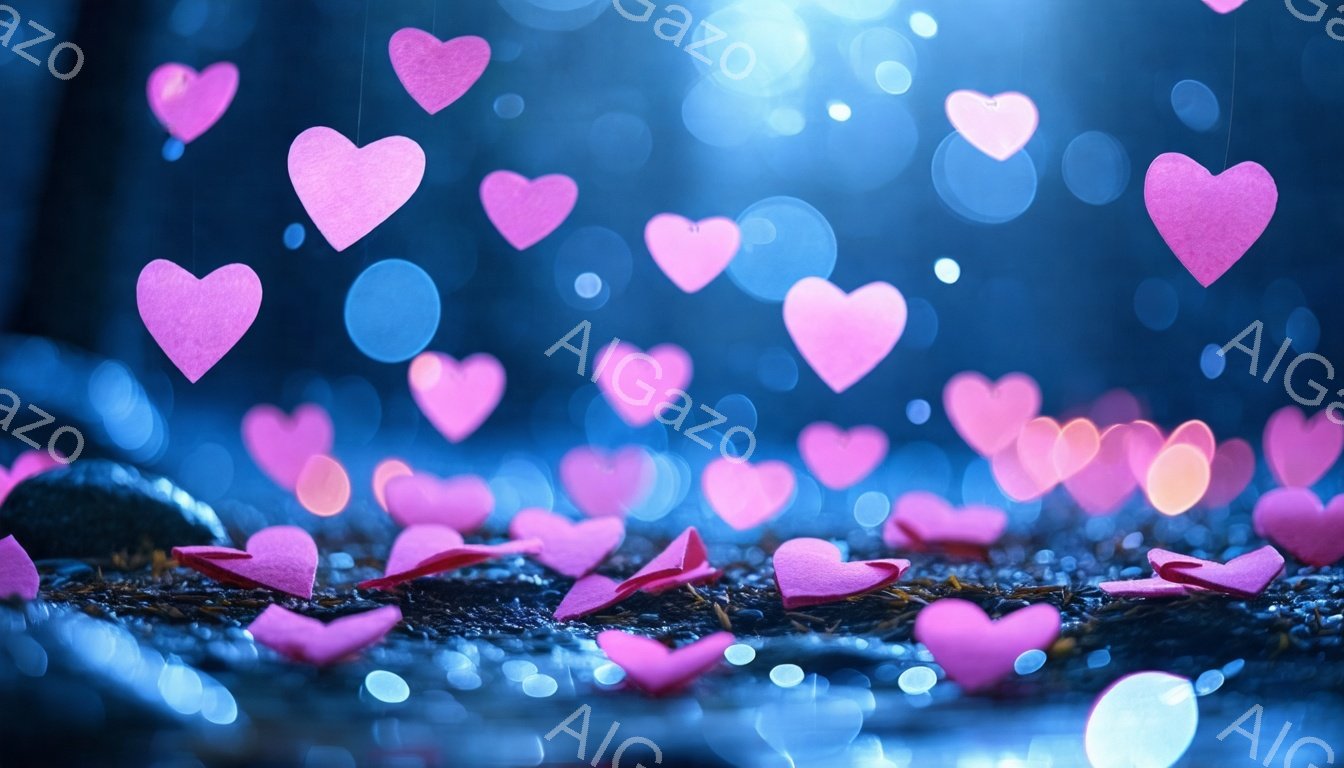 暗い背景に、無数のピンク色のハートが舞い散る様子が捉えられています。地面は濡れており、ハートが水面に反射してキラキラと光り、幻想的な雰囲気を醸し出しています。ぼやけた光の玉が周囲に漂い、ロマンチックで - AI生成フリー素材