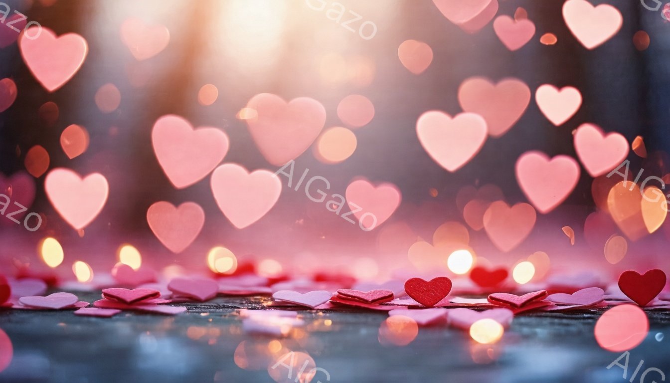 この画像は、木製の表面に散りばめられた赤いハートが多数写っており、背景にはぼやけたピンクと黄色の光が溢れています。ハートは様々なサイズで、まるで愛のシャワーのように見えます。全体的に暖かくロマンチックな雰囲気で、バレンタインデーや特別な記念日を彷彿とさせます。