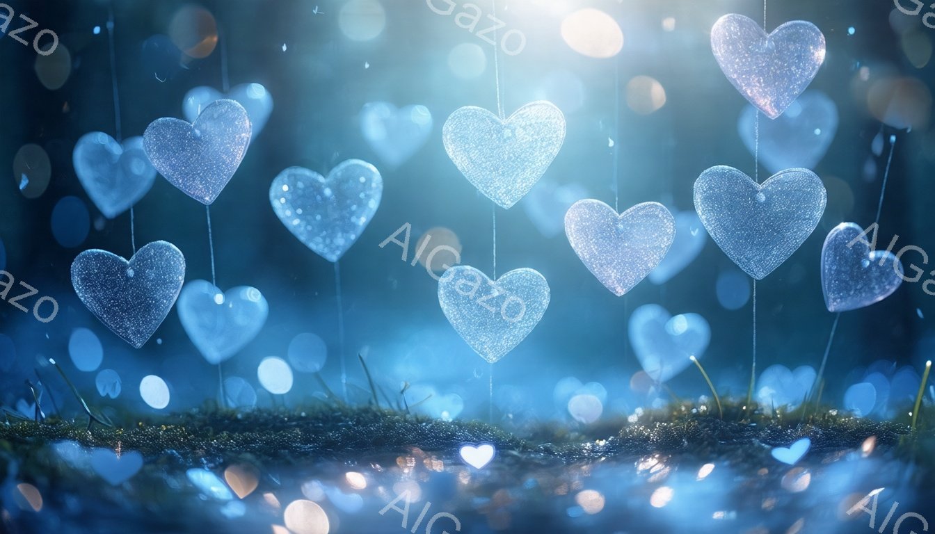 鮮やかな青色の背景に、無数のきらめくハートが空中に浮かんでいる様子が描かれています。ハートはそれぞれが光を放ち、まるで星屑のように幻想的な雰囲気を醸し出しています。地平線付近には、ぼんやりとした緑の草が生えているのが見え、全体として夢のような、ロマンチックな印象を与えます。