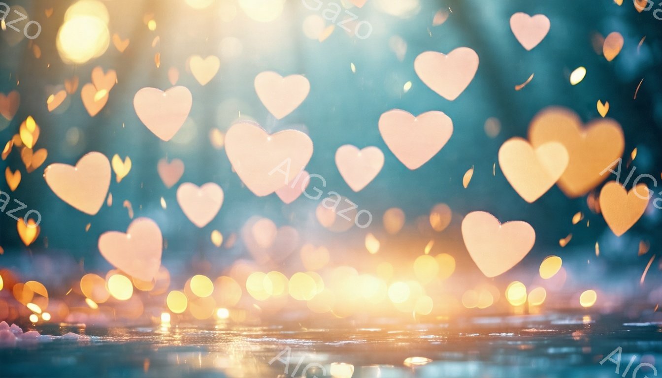 この画像は、ぼやけた光の中で無数のハート型の光が舞っている幻想的な光景を描いています。地面は水面のように反射しており、ハート型の光が水面に映り込んでさらに幻想的な雰囲気を醸し出しています。全体的に暖かく、ロマンチックで、夢のような雰囲気が漂っています。