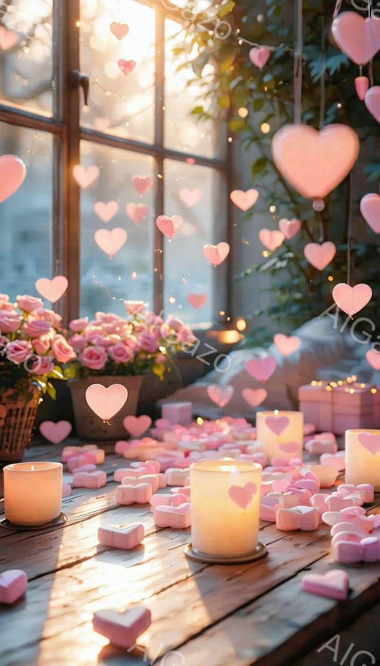 暖かく優しい光が差し込む室内には、バラの花束や可愛らしいハート型のキャンディが散りばめられた木製のテーブルが広がっています。天井からはたくさんの紙製ハートが吊り下げられ、ロマンチックで夢のような雰囲気を醸し出しています。背景には、ぼやけた緑の植物が見え、まるでバレンタインデーの祝祭のような、甘く優しい空間を演出しています。