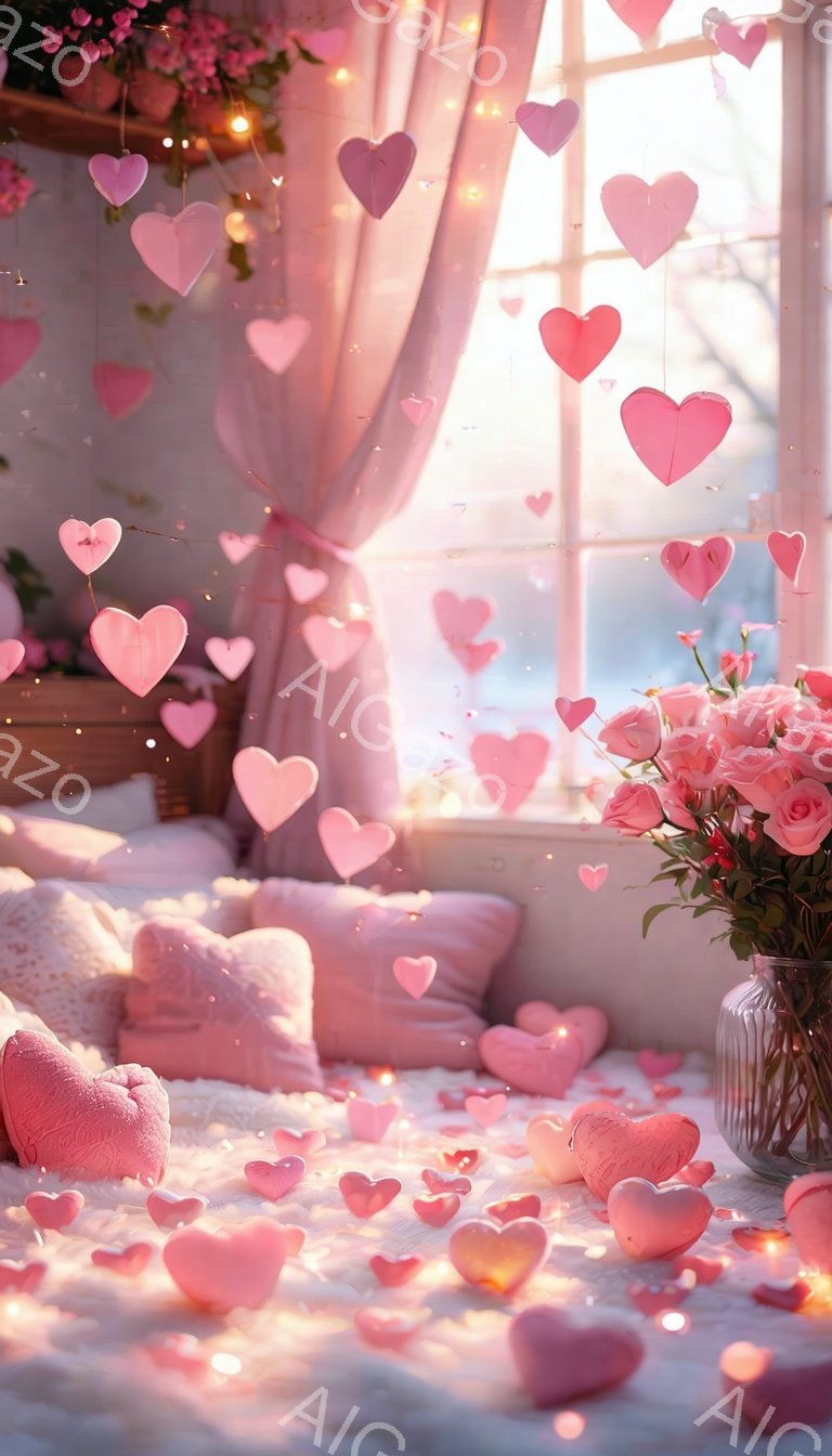 柔らかい光が差し込む部屋には、無数のハート型紙吹雪と光のイルミネーションが舞い、ロマンチックな雰囲気を醸し出しています。フリル付きの白いベッドの上には、ふわふわのピンク色のクッションが置かれ、一輪挿しには美しいバラの花が飾られています。全体的に淡いピンク色を基調とした、夢のような甘い空間が広がっています。