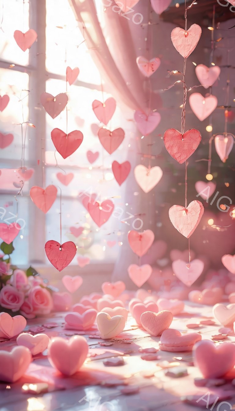 温かい光が差し込む部屋の中に、ピンク色のハートが数多く浮かび、まるで愛に包まれた空間を作り出しています。床にはピンクのバラの花束と、さらにたくさんのハートが散らばり、ロマンチックで夢のような雰囲気を醸し出しています。全体的に淡いピンク色で統一されており、優しい幸福感に満ちた情景です。
