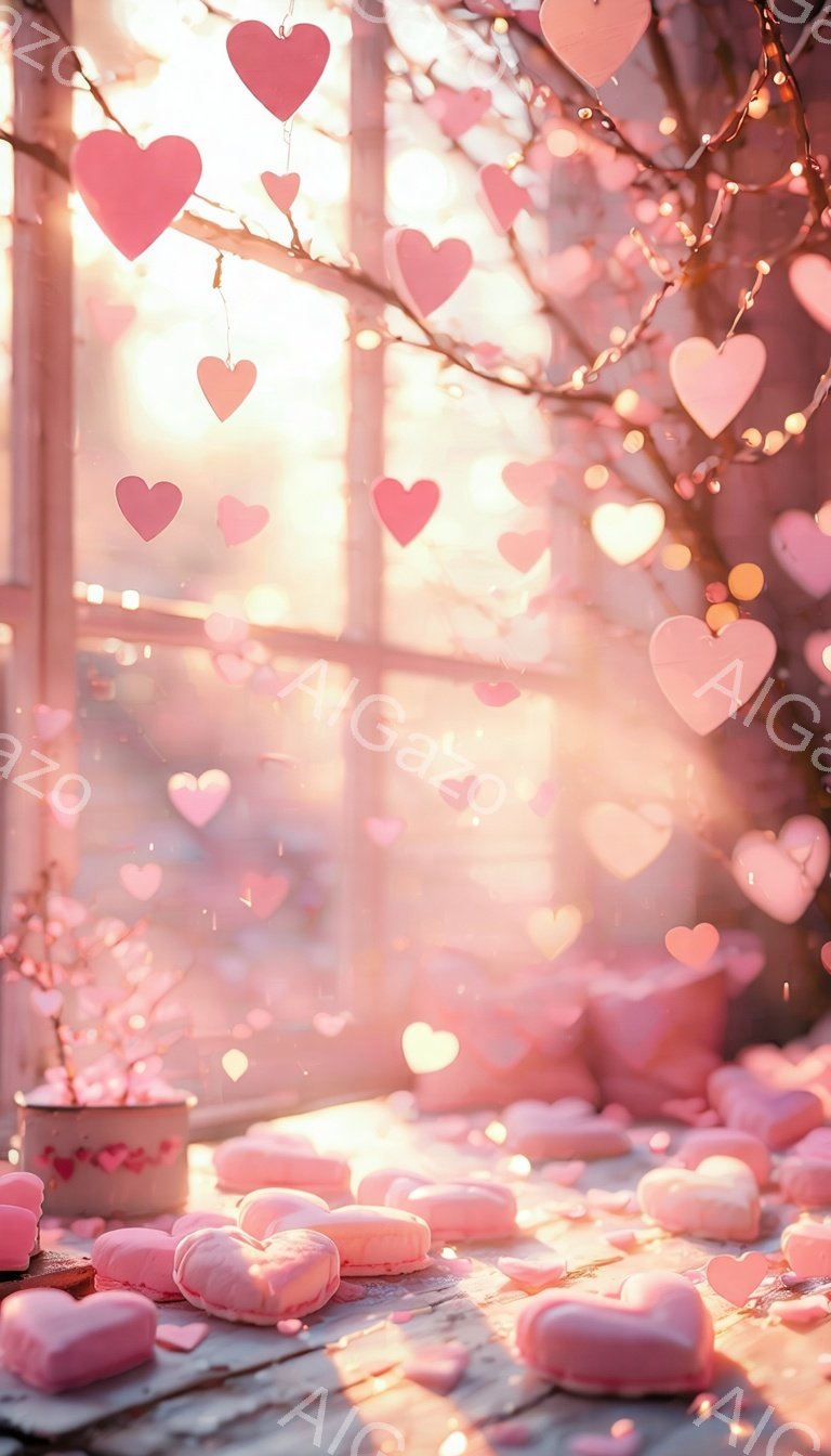 ピンク色のハート型のお菓子と電飾が、木製のテーブルの上に散りばめられています。背景にはぼやけた窓と、柔らかい光が差し込む春の風景が広がっており、ロマンチックで夢のような雰囲気を醸し出しています。全体的にパステルカラーで統一され、バレンタインデーや愛をテーマにしたイメージです。