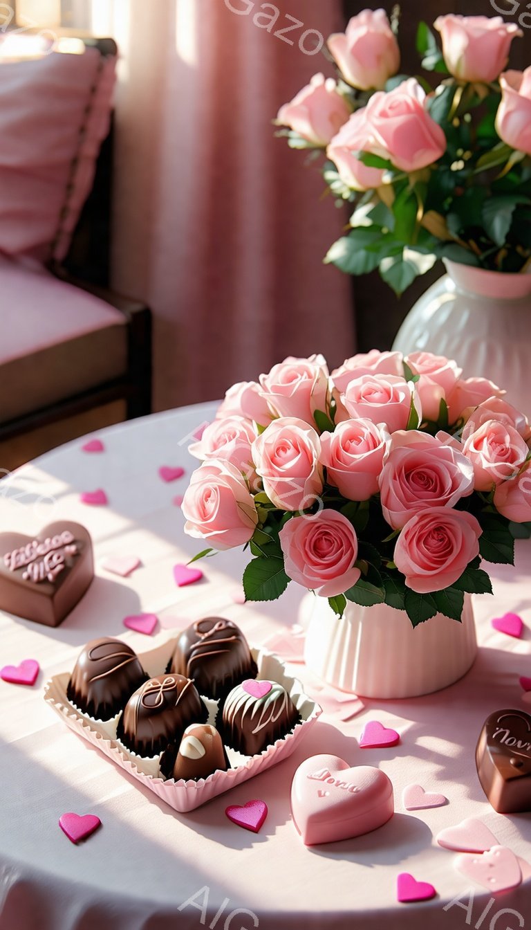 薄いピンク色のテーブルクロスの上に、淡いピンク色のバラの花束が置かれた陶器のバザが飾られています。チョコレート菓子が並べられたトレイと、ピンク色のハート型のキャンディが散りばめられており、ロマンチックな雰囲気を醸し出しています。背景には、淡いピンク色のカーテンと柔らかい光が差し込み、優雅で温かい印象を与えています。