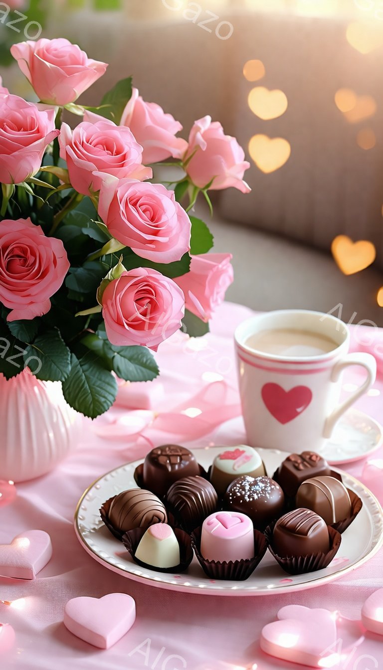 桃色のバラが花瓶に活けられ、繊細なピンクのテーブルクロスの上に置かれています。チョコレートが盛り込まれた上品な白い皿と、ハートの絵柄が描かれた温かい飲み物の入ったカップが並び、周囲にはハート型の装飾が散りばめられています。全体的に、ロマンチックで甘い雰囲気が漂うバレンタインデーや特別な日のための美しい静物画です。