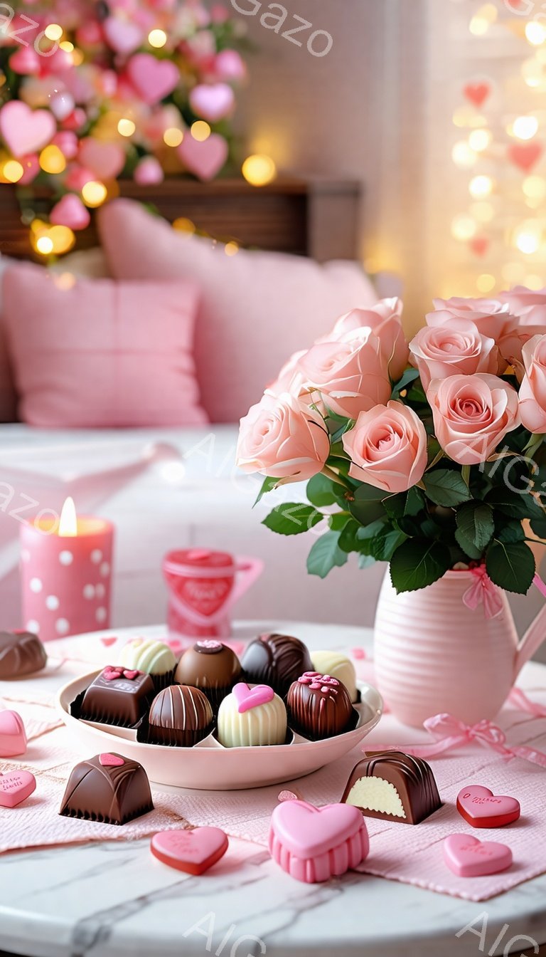大理石のテーブルの上に、様々なチョコレートが並べられたお皿と、ピンクのバラの花束が置かれています。背景にはぼやけたピンク色の装飾と光が灯ったキャンドルが見え、全体的に甘くロマンチックな雰囲気です。バレンタインデーを彷彿とさせる、華やかで温かい光景が広がっています。