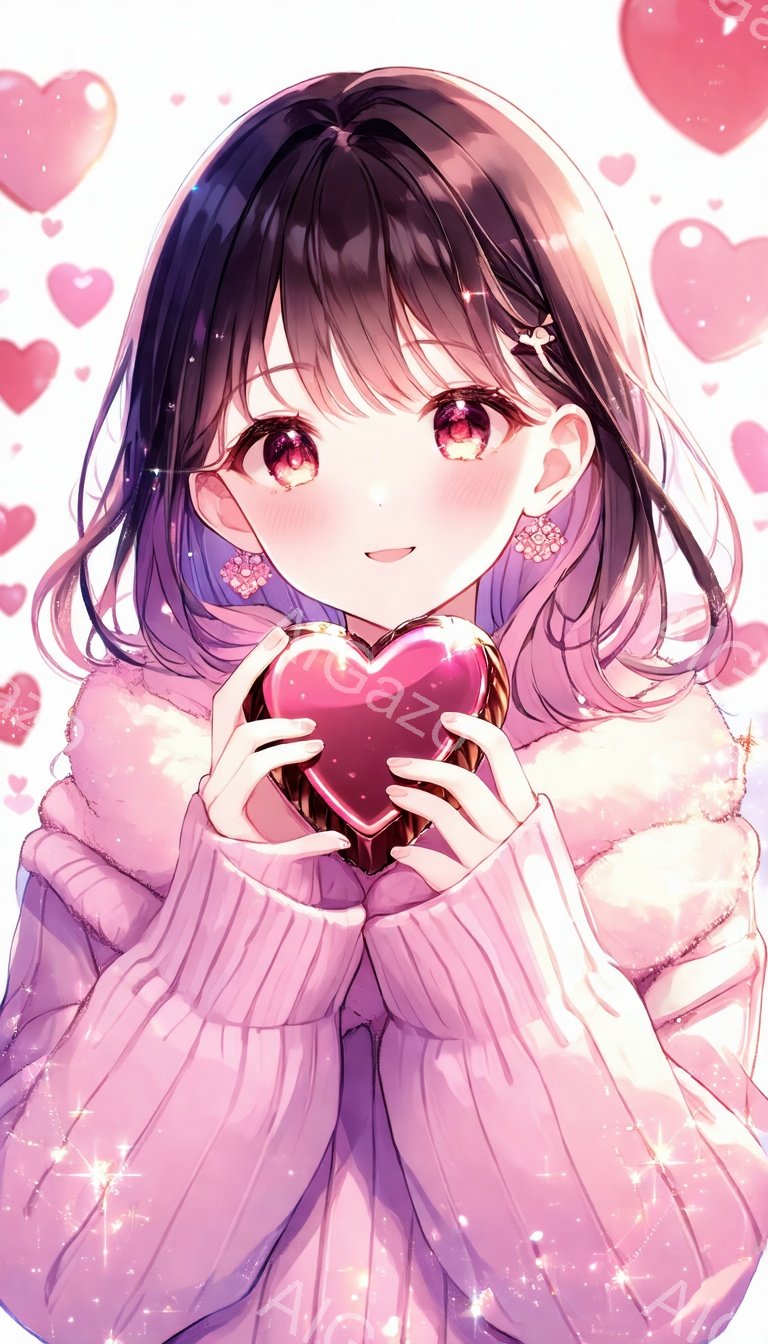 長い黒髪の少女が、ピンク色のふわふわしたセーターを着て、両手で赤いハート型の宝石を抱えています。彼女は大きな輝く目と微笑みを浮かべ、耳には精巧なアクセサリーをつけています。背景にはピンク色のハートが散りばめられており、全体的にロマンチックで夢幻的な雰囲気が漂っています。