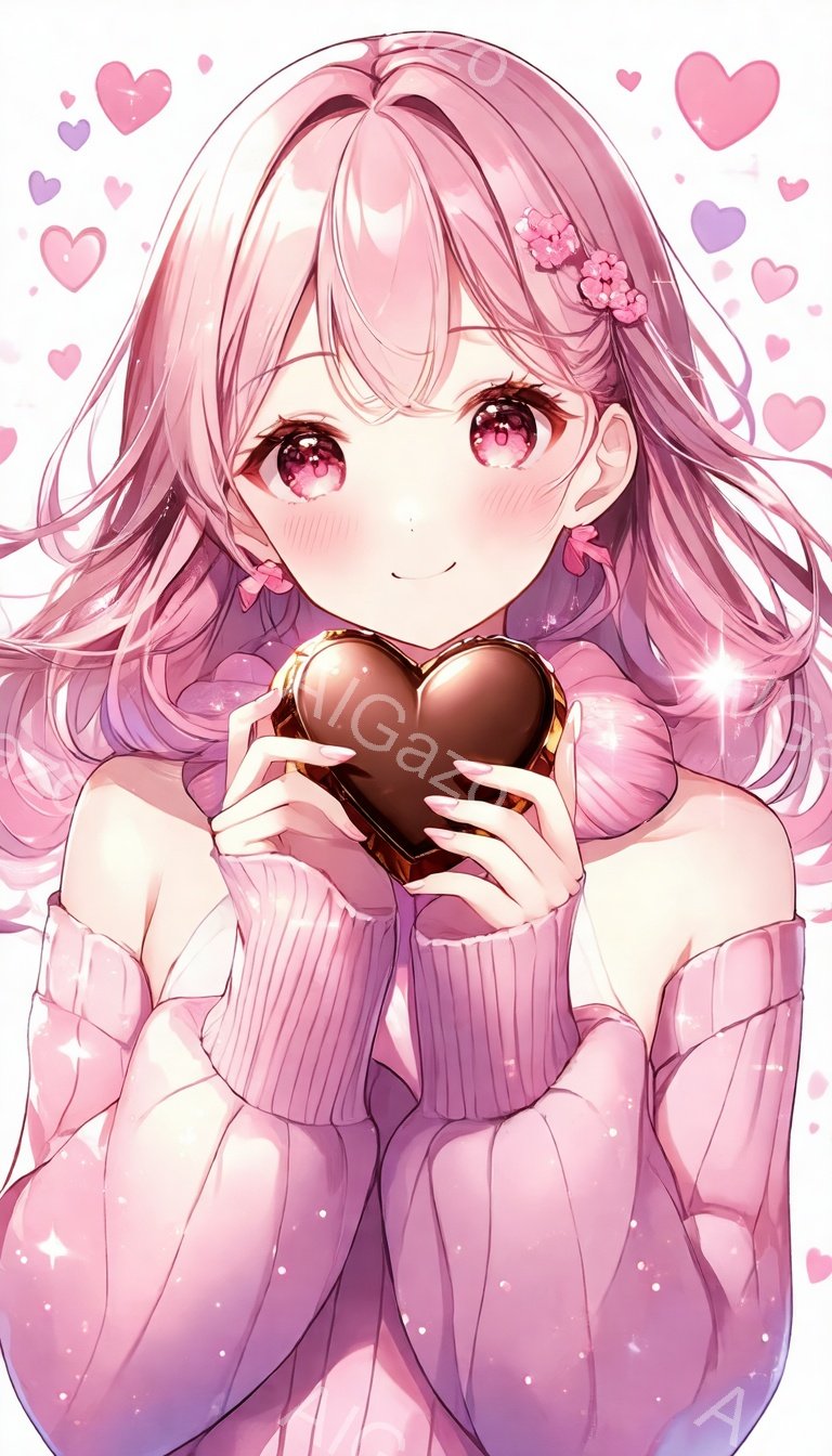 長いピンク色の髪に花飾りをつけ、ピンク色のセーターを着た少女が、両手でハート型のチョコレートを抱えています。彼女は微笑んでおり、瞳は輝いています。背景には、ピンクと白のハートが散りばめられており、全体的に甘くてロマンチックな雰囲気です。