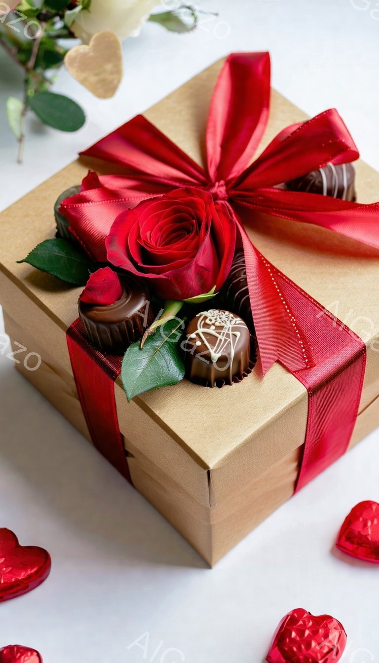 白い背景に、茶色のギフトボックスが置かれています。赤いリボンが美しく結ばれ、赤いバラと数個のチョコレートが飾られています。周りには赤いハート型のチョコレートが散りばめられており、ロマンチックで甘い雰囲気を醸し出しています。