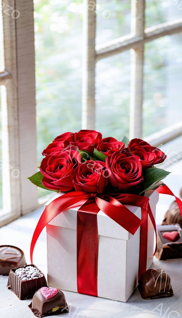 白い箱に赤いバラが活けられており、赤いリボンが上品に結ばれています。箱の周りには、チョコレートが数個置かれ、甘い香りが漂うような、特別な日の贈り物としてふさわしい雰囲気です。背景はぼやけた窓で、柔らかな光が差し込み、ロマンチックなムードを高めています。