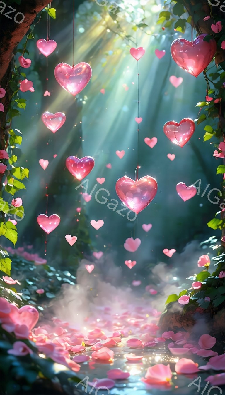 緑豊かな森の中を、ピンク色のハート型の光が舞い散る幻想的な光景が広がっています。地面にはピンクの花びらが敷き詰められ、小さな川が流れ、霧が立ち込めて神秘的な雰囲気を醸し出しています。太陽光が木々の間から差し込み、光と影が織りなす美しいコントラストが、ロマンチックで夢のような世界観を作り出しています。