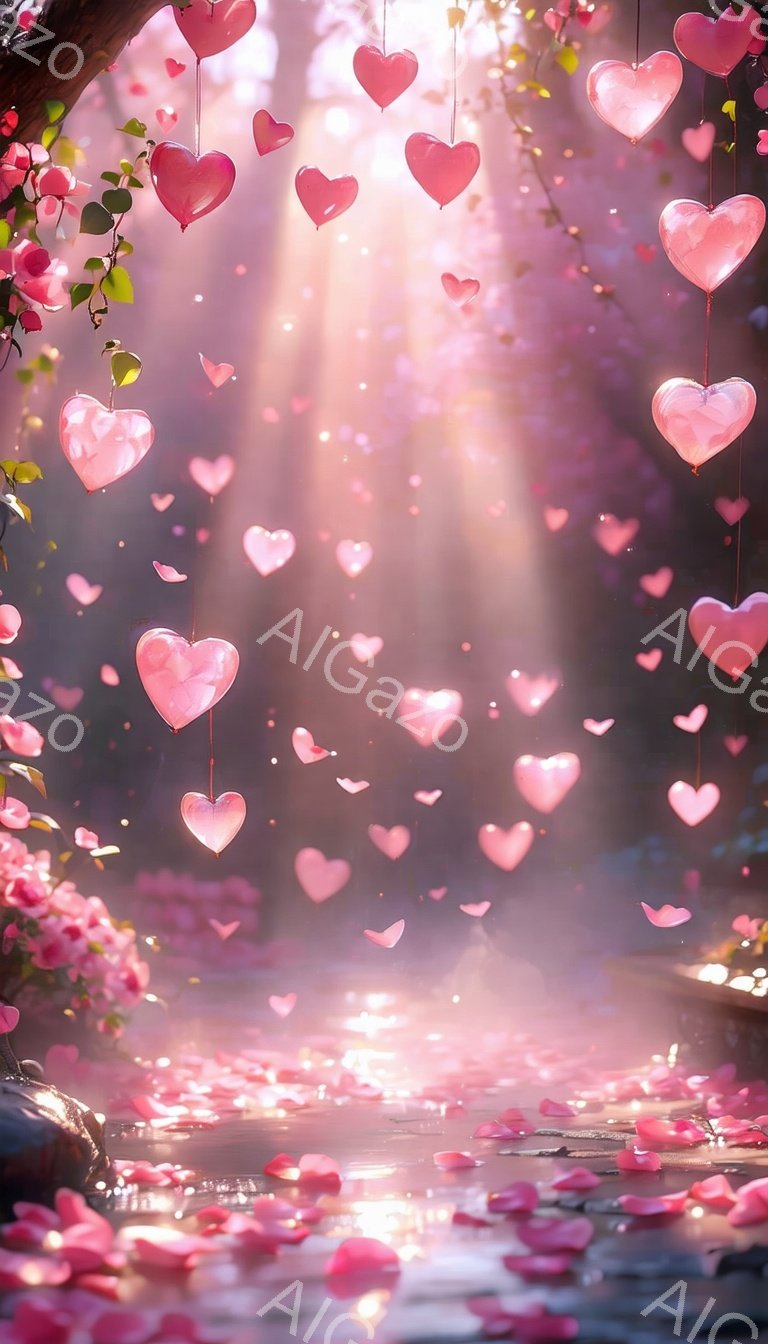鮮やかなピンク色のハートが空から降り注ぎ、まるで夢のような光景が広がっています。地面はピンクの花びらで覆われ、水面にも反射して幻想的な雰囲気を醸し出しています。背景にはぼんやりと木々が見え、全体的にロマンチックで優しい印象を与えます。