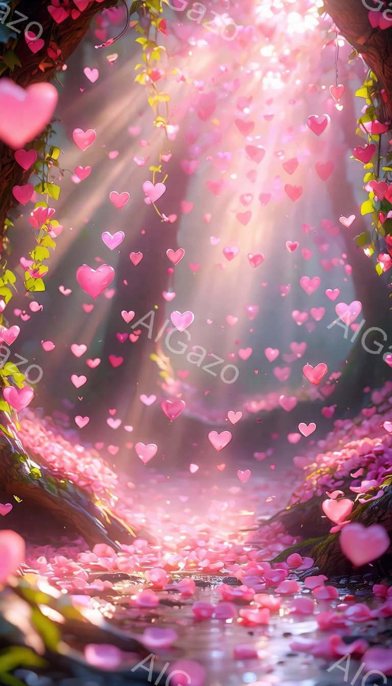 鮮やかなピンク色のハートの花びらが舞い散る幻想的な風景が描かれています。小川が流れ、ハートの花びらが水面に浮かび、光が差し込み、ロマンチックで夢のような雰囲気を醸し出しています。背景には緑豊かな植物が生い茂り、春の暖かさと愛情を感じさせる情景です。