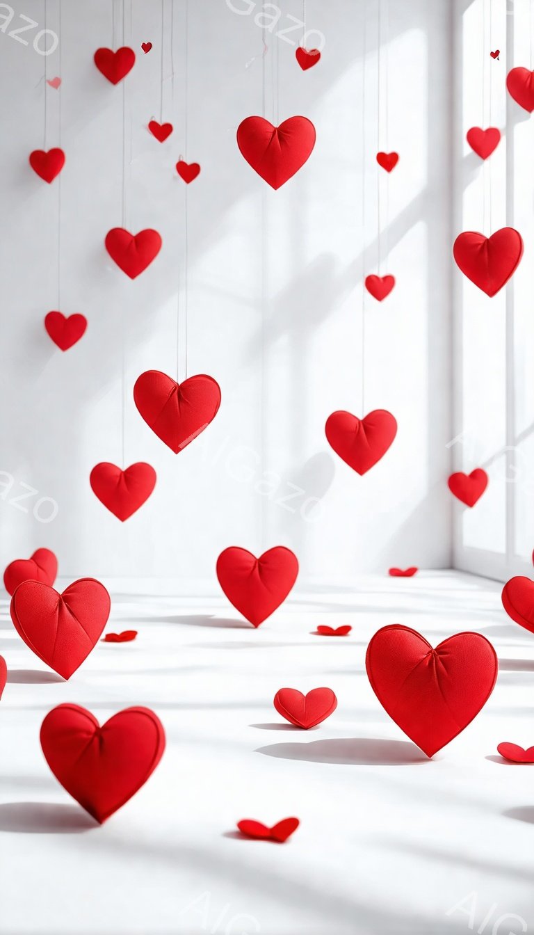 白い部屋の中に、たくさんの赤いハート型のクッションが宙に浮いて配置されています。窓からの強い光がハートに当たり、影が床に長く伸びています。全体的に暖かくロマンチックな雰囲気が漂い、バレンタインデーや愛をテーマにしたイメージとして捉えられます。