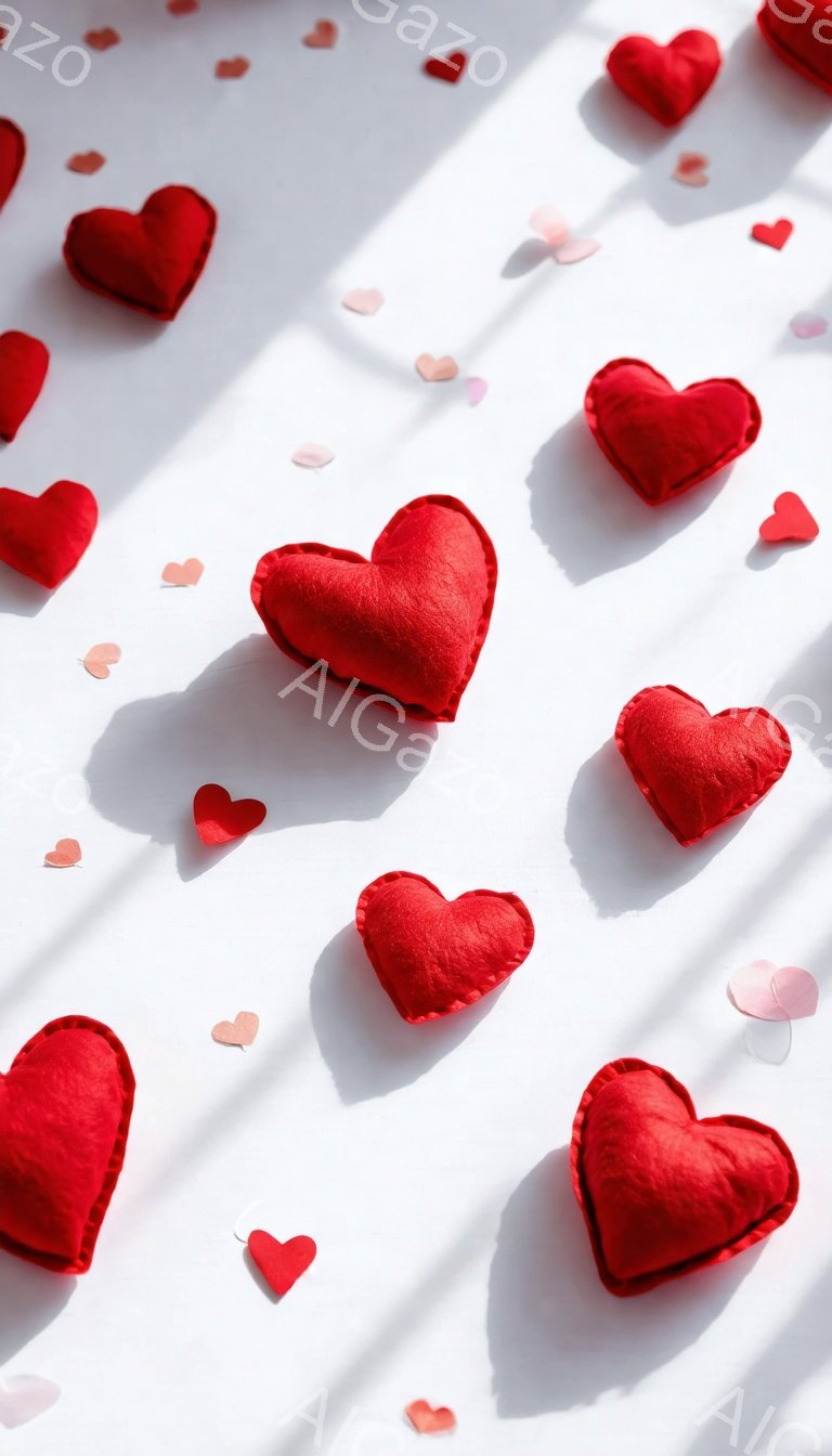 白い背景の上に、複数の赤いハート形のクッションと紙吹雪が散らばっている。強い光が左から差し込み、床に影の模様を作り出している。全体的に、愛情やロマンスを象徴する温かく優しい雰囲気である。