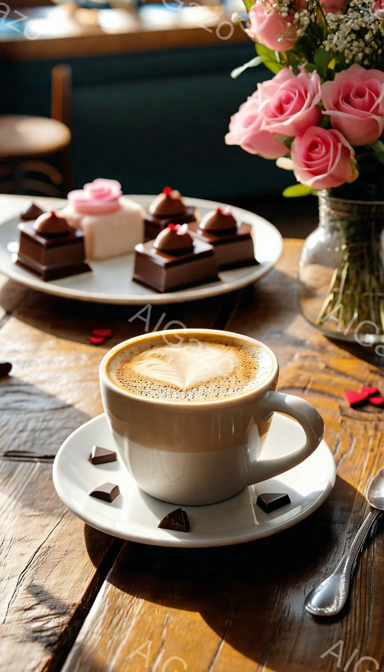 白いカップに入ったラテアートが印象的な写真です。チョコレートの小片が添えられ、背景にはカラフルなチョコレートケーキとピンク色のバラの花が飾られています。木製のテーブルが温かみを加え、優しい雰囲気のカフェやティータイムの風景を捉えています。