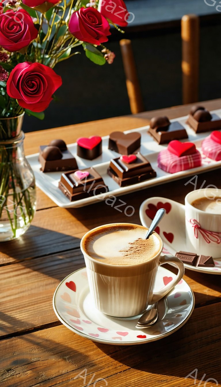 温かい飲み物とチョコレートがテーブルの上に並べられています。カップはピンクのハート模様が描かれたソーサーに乗っており、チョコレートは様々な形と色合いで、リボンで飾られた箱に入っています。背景には赤いバラの花束が飾られており、全体的にロマンチックで心地よい雰囲気です。