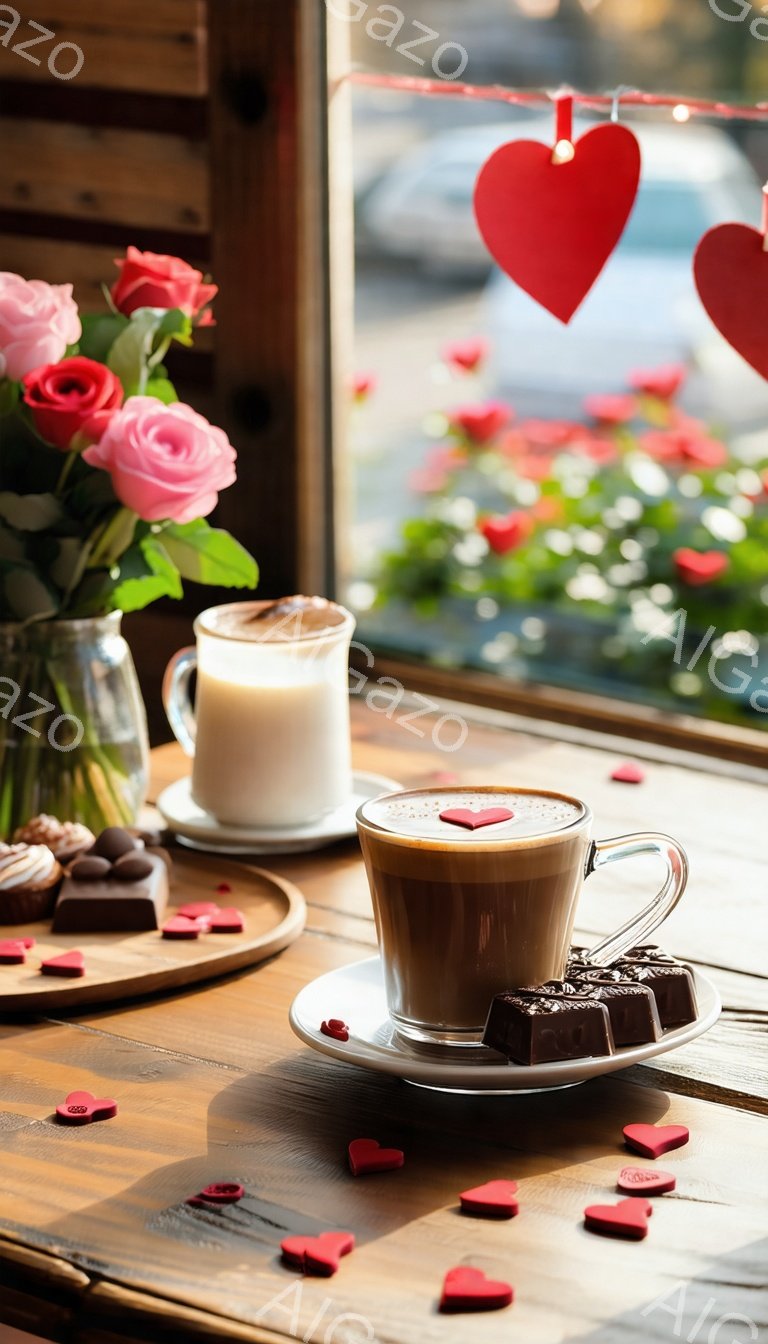 テーブルの上には、チョコレート色の飲み物と、泡立てられたミルクの入ったカップ、そして小さく切られたチョコレートが並んでいます。窓の外には、緑の植物と、赤いハート型の飾りが見え、室内は暖かくロマンチックな雰囲気です。全体的に、バレンタインデーや特別な日のための、甘くて心地よい光景が広がっています。