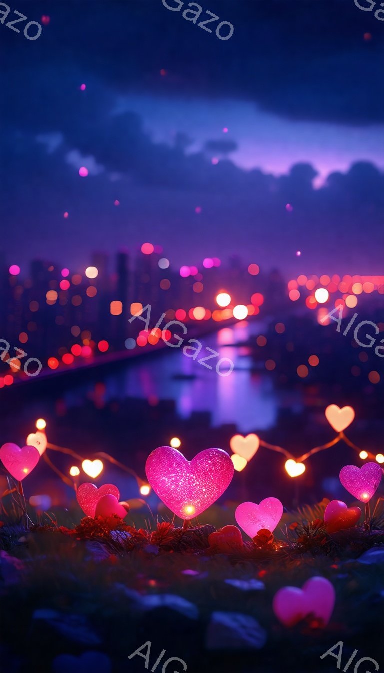 夜の風景の中に、ハート型の光が散りばめられた草地が広がっています。遠くには、ぼやけた街の明かりと川が確認でき、全体的にロマンチックで幻想的な雰囲気です。ハート型の光は様々な色をしており、夜空にきらめく星のように見えます。