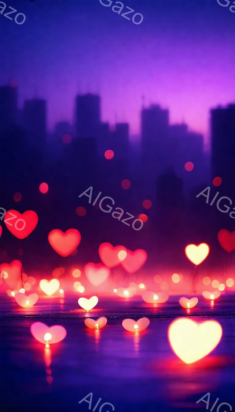 紫色の夜空を背景に、ぼんやりとした都市のシルエットが浮かび上がっています。水面には無数の光るハートが散りばめられ、まるで愛の光で満たされた幻想的な世界を表現しています。ハートの光は暖かく、ロマンチックで夢幻的な雰囲気を醸し出しています。