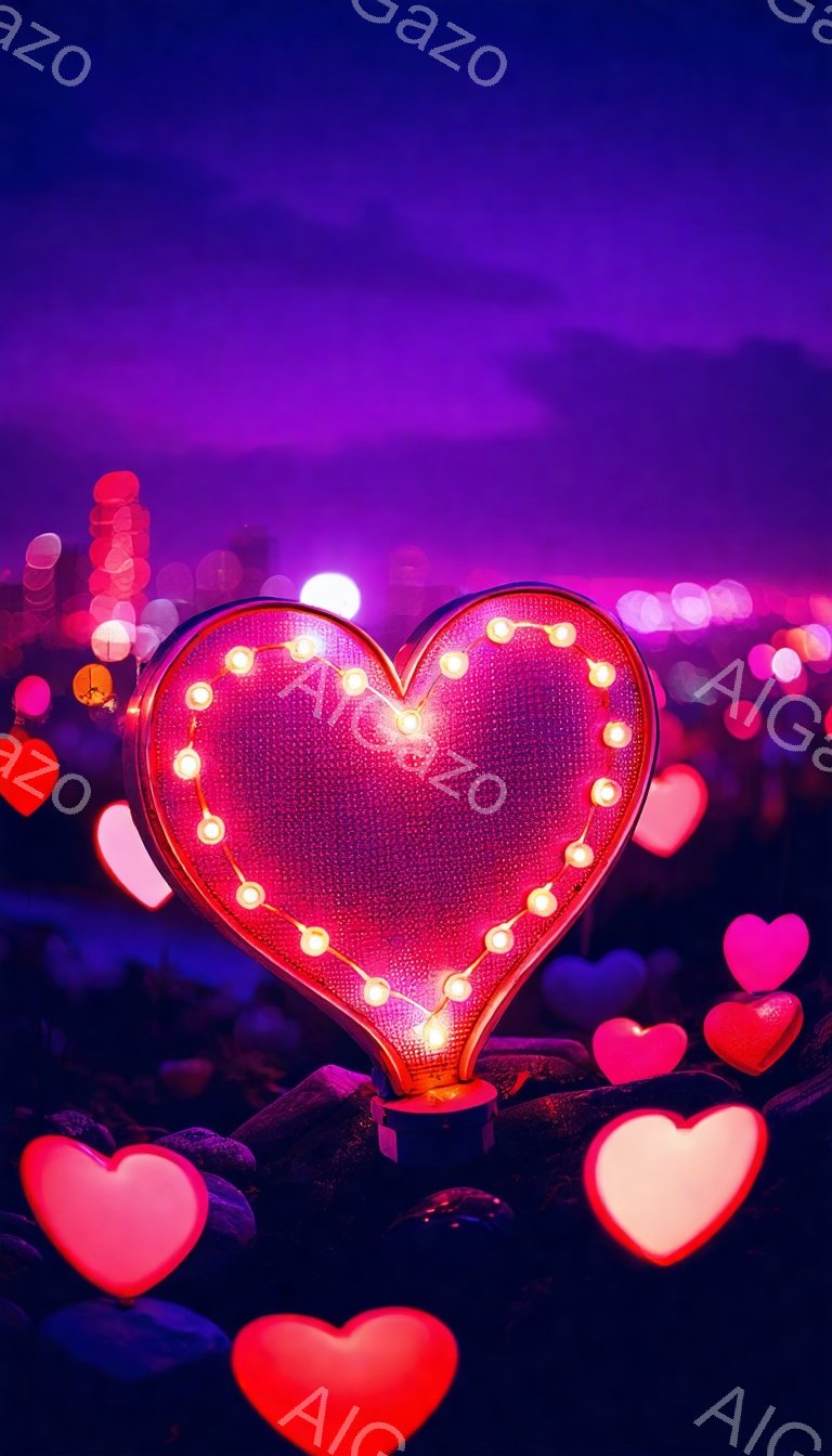 暗い背景に赤い光るハートがいくつか浮かび上がっており、そのうちの一つがひときわ大きく、岩の上に設置されている。ハートは電球で縁取られており、温かい光を放っている。全体的にロマンチックで幻想的な雰囲気で、夜のイベントやお祭りの様子を彷彿とさせる。