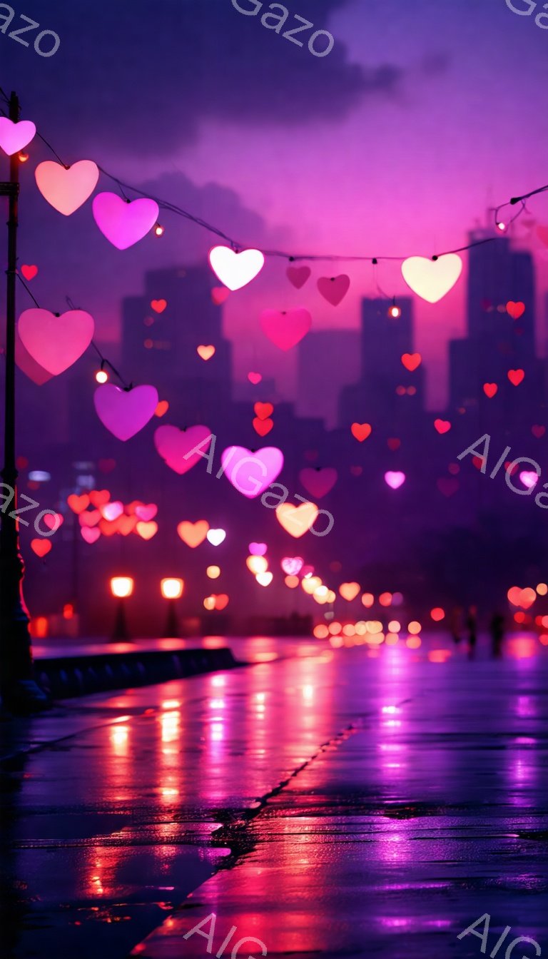 道路は雨で濡れており、赤と紫の光で照らされています。多くのピンク色のハート型の光が空中に飾られており、遠くにはぼやけた都市のスカイラインが見え、ロマンチックで幻想的な雰囲気を醸し出しています。ハートは電線に沿って吊るされており、夜空に暖かい光を投げかけています。