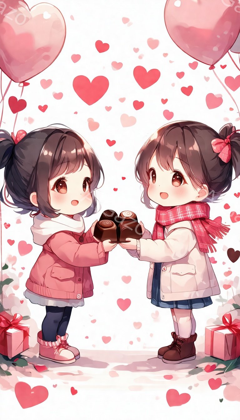 二人の幼い女の子が、それぞれチョコレートを手に持って向かい合っています。ピンク色のコートと赤いマフラーを身につけ、黒髪をツインテールに結んだ姿は可愛らしいです。背景にはハートの形をした紙吹雪や赤い風船、プレゼントの箱が散りばめられており、温かくロマンチックな雰囲気を醸し出しています。