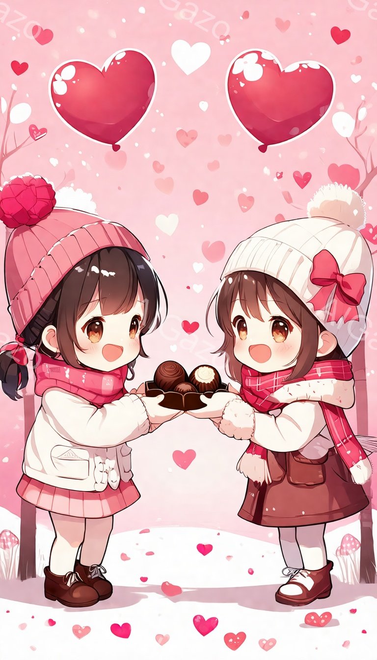 二人の少女が雪の中でチョコレートを交換しようとしています。どちらも茶色の髪に赤いリボンと帽子をつけ、白いセーターと赤いマフラー、茶色のブーツを履いています。背景は雪景色で、ハート型の風船や赤い実が散りばめられ、全体的に温かく可愛らしい雰囲気です。