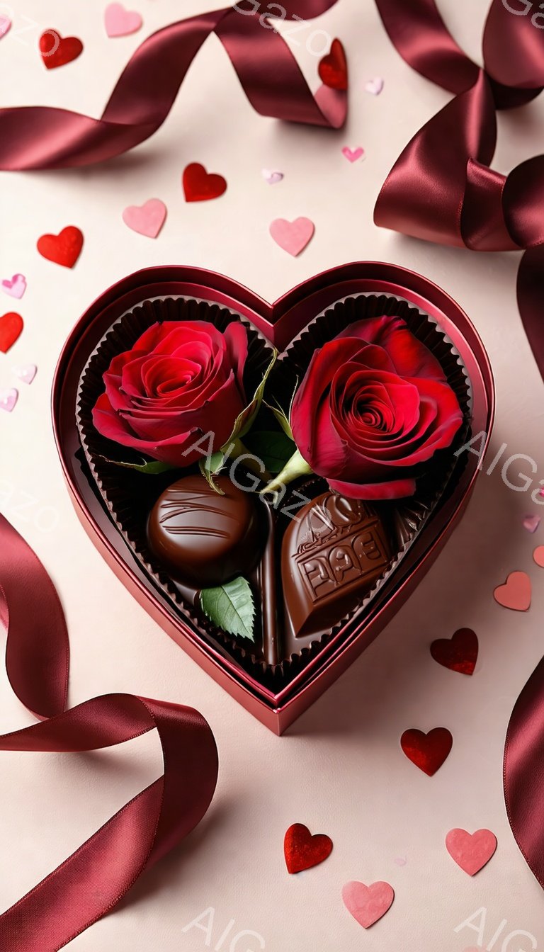 真っ赤なバラ2本とチョコレートが、赤いハート型の箱の中に美しく並べられています。箱はシフォン生地のような内張りがあり、背景には淡いピンク色に赤いハートの紙吹雪が散りばめられ、赤いリボンが優雅に絡みついています。全体的にロマンチックで甘い雰囲気で、バレンタインや記念日のプレゼントにぴったりです。