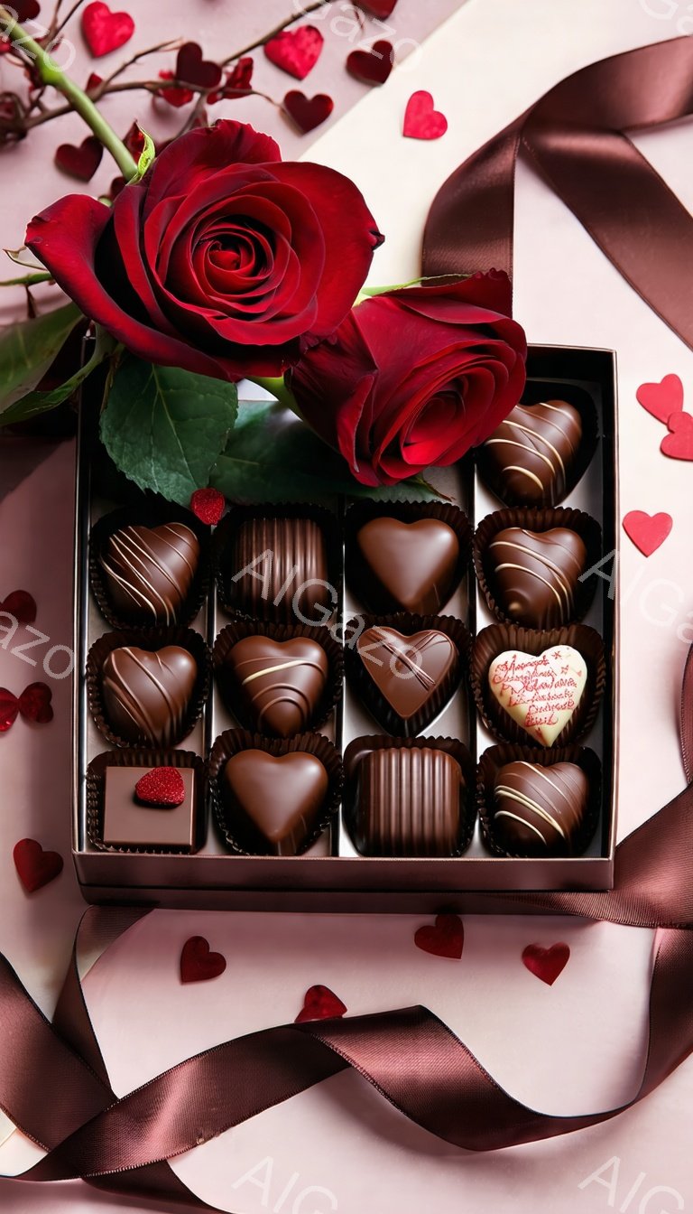 真っ赤なバラが箱に添えられ、チョコレートが整然と並んでいます。チョコレートは様々な色と装飾で、ハート形や正方形などがあります。背景には柔らかいピンク色の布と散りばめられたハートが描かれており、ロマンチックで甘い雰囲気を醸し出しています。