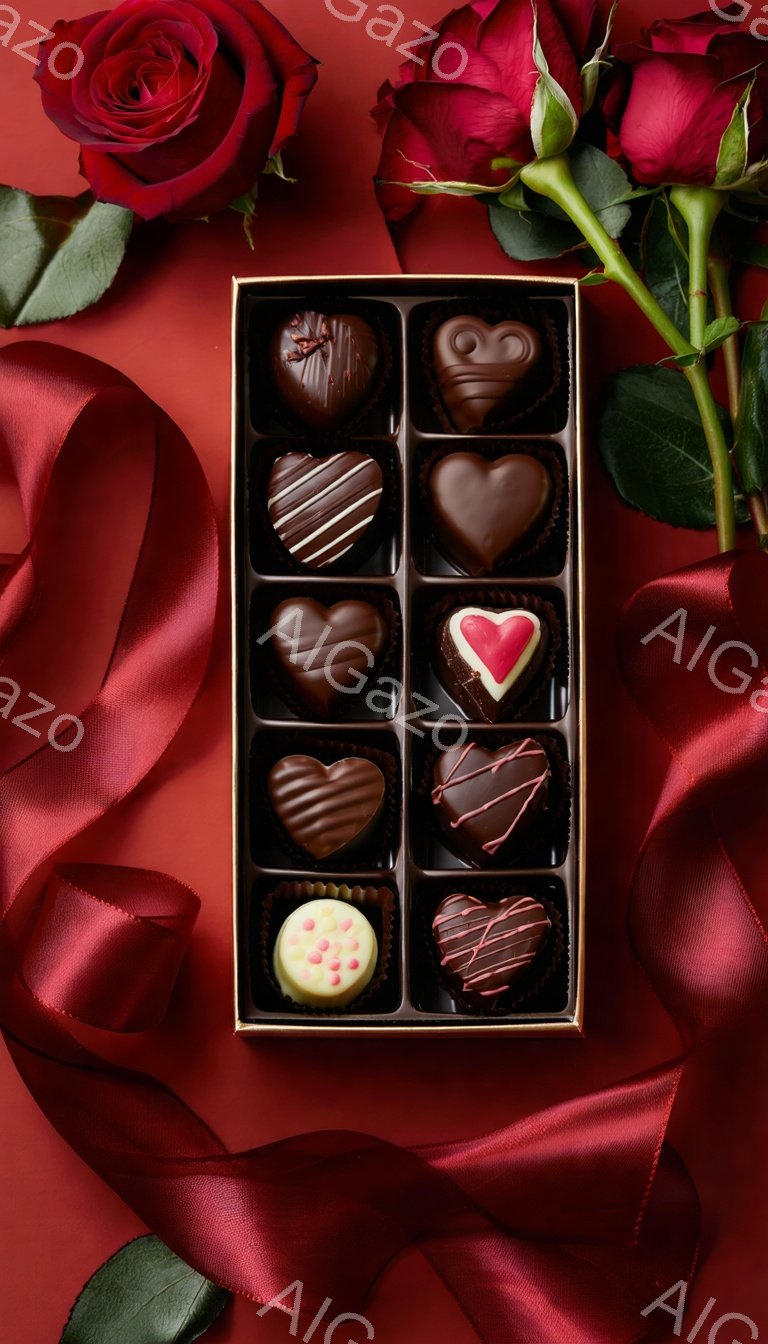 深紅のベルベットのような生地の上に、チョコレートの箱が置かれています。箱の中には、さまざまなデザインのハート型のチョコレートが整然と並べられており、その隣には赤いバラが咲いています。全体的にロマンチックで甘い雰囲気が漂い、バレンタインデーなどの贈り物にぴったりな光景です。
