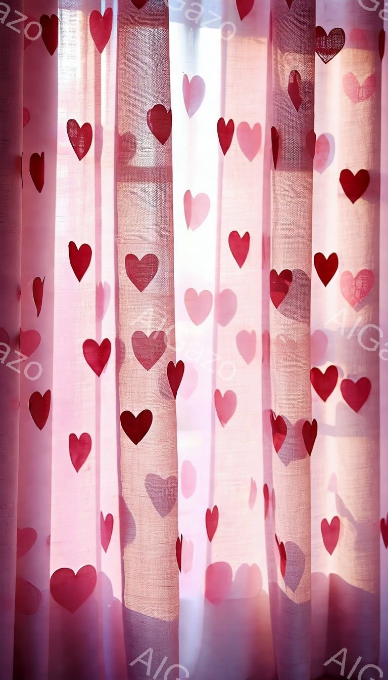この画像は、ピンクと赤色のハート柄が散りばめられた薄手のカーテンを通して光が差し込んでいる様子を捉えています。カーテンの生地はシースルー素材で、光を柔らかく拡散させ、ロマンチックで夢のような雰囲気を醸し出しています。ハートの模様は、優しく、暖かい気持ちにさせてくれます。