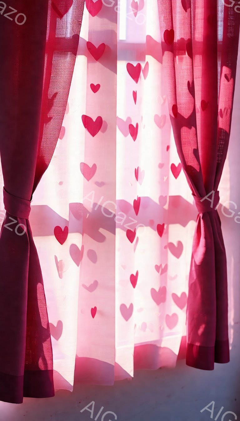 ピンク色のハート柄のシアーカーテンが窓にかかっており、明るい光が透過している。カーテンは左右にたまり、リボンで優雅に結ばれている。窓の外はぼやけており、暖かい雰囲気で、ロマンチックな空間を演出している。