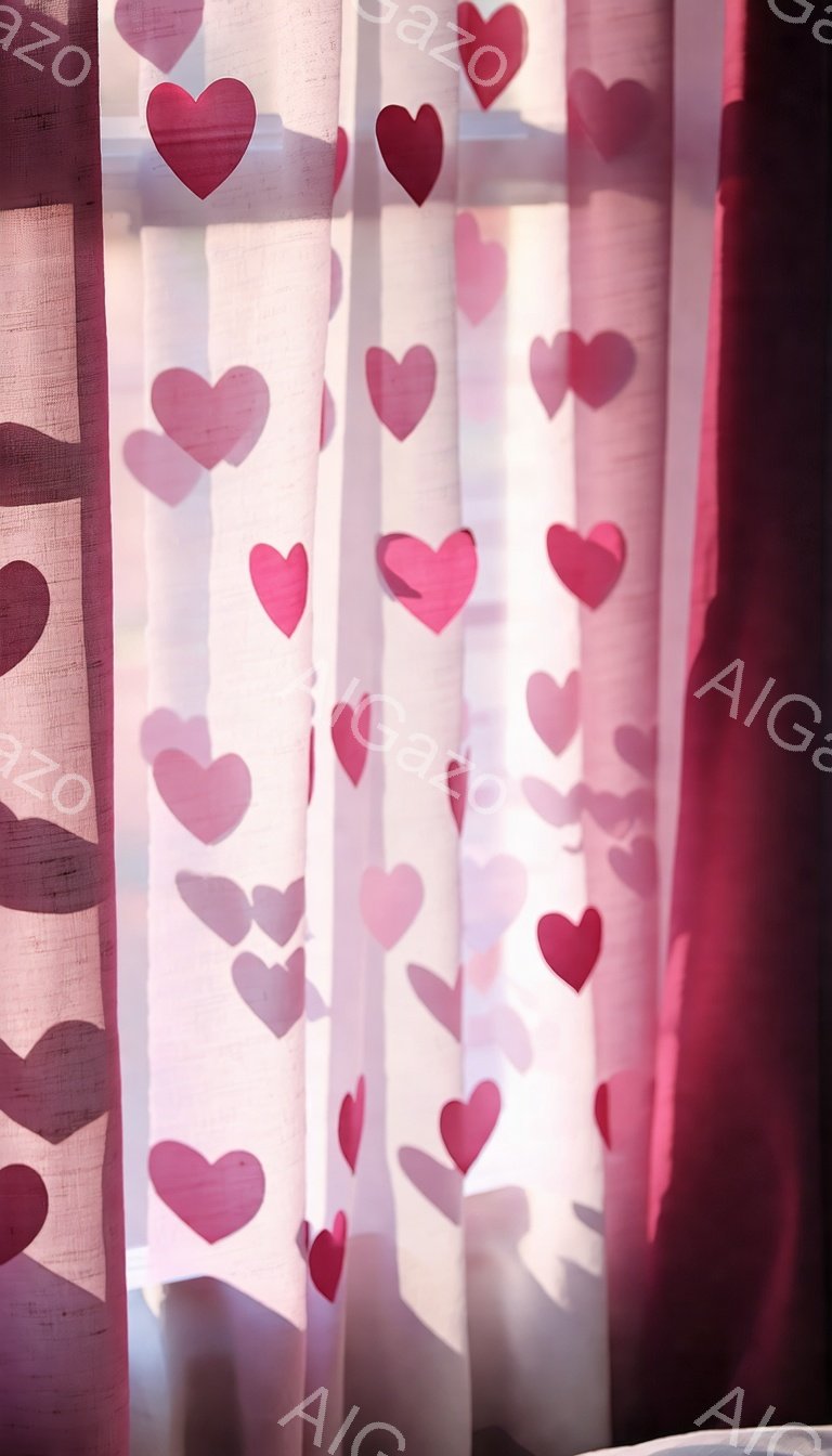 鮮やかなピンクと濃い赤色のハート模様のカーテンが、柔らかい光を透かして室内を照らしています。カーテンの柄は不規則に配置されており、光の当たり方によって、壁にハートの影が映り込んでいます。全体的に、暖かくロマンチックな雰囲気で、リラックスした空間を演出しています。