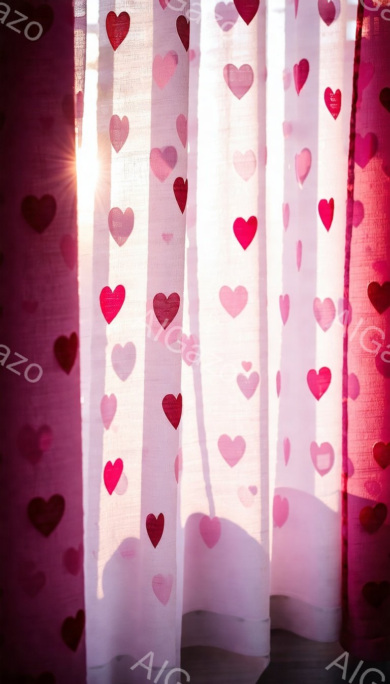 白地にピンク色のハート模様のレースカーテンを通して光が差し込み、室内を柔らかいピンク色に染めています。カーテンの奥には人影が見え、そのシルエットはリラックスした姿勢を示唆しています。全体的に暖かく、ロマンチックな雰囲気で、穏やかな春の日の午後のような印象を与えます。