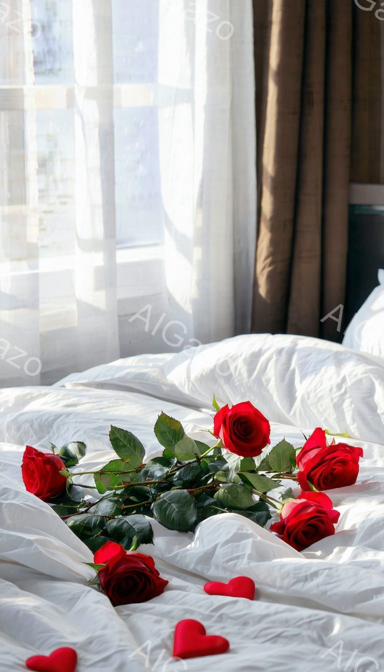 白いシーツの上に赤いバラとハート型のチョコレートが置かれています。背景には窓からの柔らかい光が差し込み、優雅でロマンチックな雰囲気を醸し出しています。この設定は、愛情表現や記念日を連想させる穏やかなシーンです。