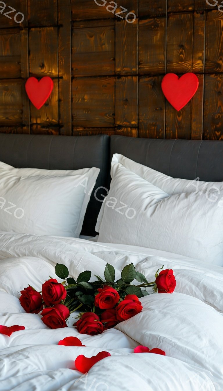 白いベッドの上に、深紅のバラの花束と散りばめられた赤いハートの紙吹雪が置かれています。背景には、木製の板張りのヘッドボードがあり、ロマンチックで愛情あふれる雰囲気が漂います。 全体的に、バレンタインデーや記念日などの特別な機会を連想させる、暖かく親密な光景です。