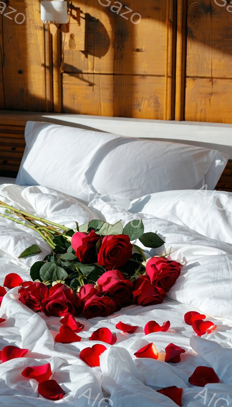 白いベッドの上に赤いバラの花束とバラの花びらが散らばっています。背景は木製のヘッドボードで、優しく暖かく、ロマンチックな雰囲気です。バラの花びらがベッドに散らばっていることで、愛情や特別な機会を暗示しているようです。