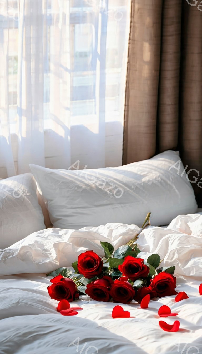 白いベッドの上に、深紅のバラの花束が置かれています。バラの周りには、散りばめられたバラの花びらが愛らしい雰囲気を醸し出しており、シーツの白い背景と鮮やかな赤色のコントラストが美しいです。背景には、レースのカーテン越しに見える柔らかな光が差し込み、ロマンチックで穏やかな空間を演出しています。