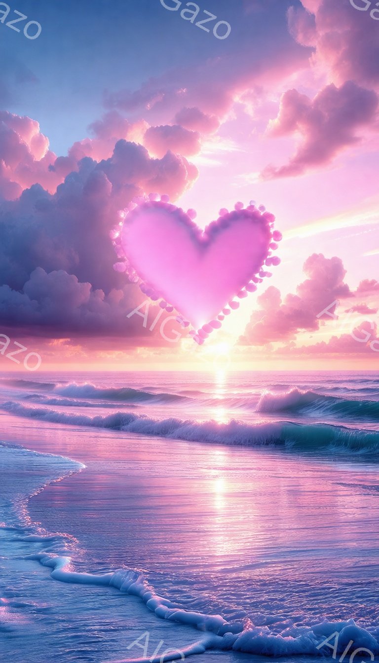 鮮やかなピンクと紫色の空が広がり、穏やかな波が砂浜に打ち寄せる美しい風景です。空にはハート型の光の模様が浮かび、幻想的な雰囲気を醸し出しています。全体的に暖かく、ロマンチックな印象を与える画像です。